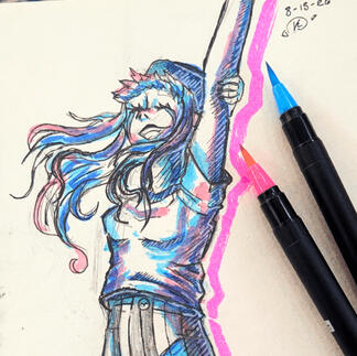 A girl stretching upwards, shaded in purple, blue and pink. Two markers are next to the drawing.