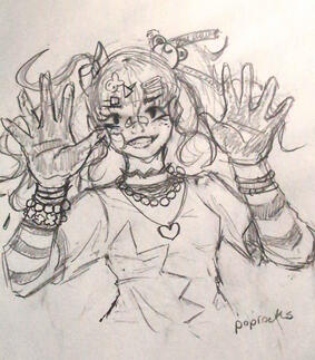 A girl with two pigtails holds both hands palms out. Her hands are covered in paint. The drawing is made in greyscale.