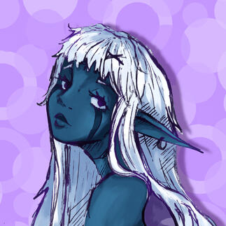 A blue elf with white hair looking sideways. She is on a purple background.