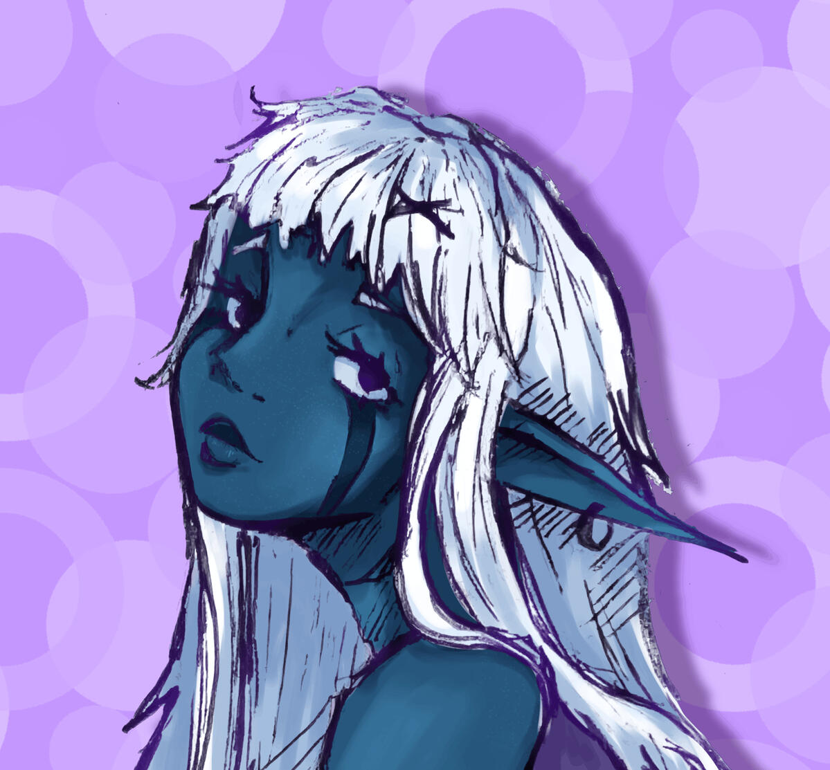 Sero A blue elf with white hair and a sad expression. She is on a purple background.